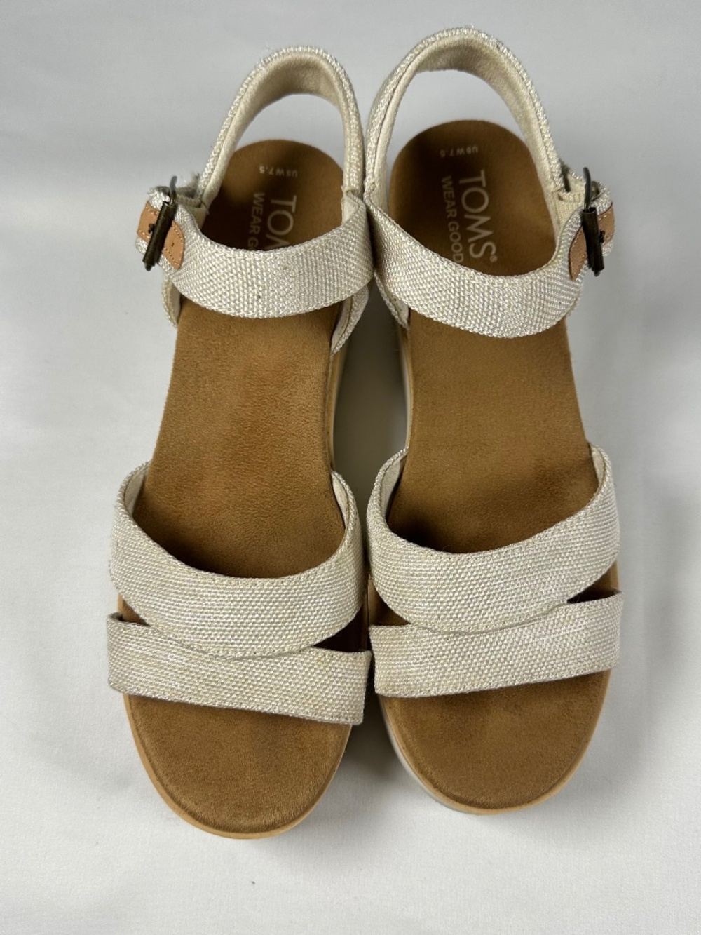 Toms Louisa Ankle Strap Sandals Beige Wedges Platform Women's Size 7.5 Off White